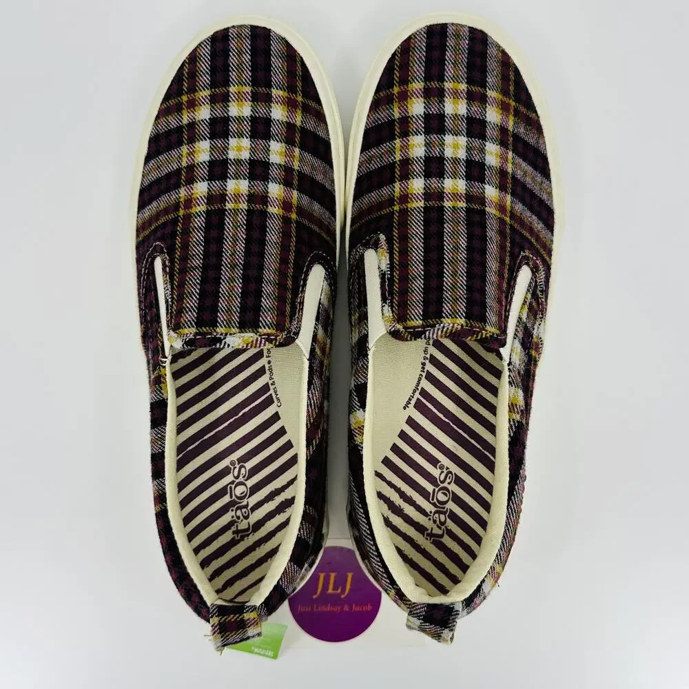 Taos Women's Rubber Soul Burgundy Plaid Canvas Slip On Comfort Sneakers Size 7.5